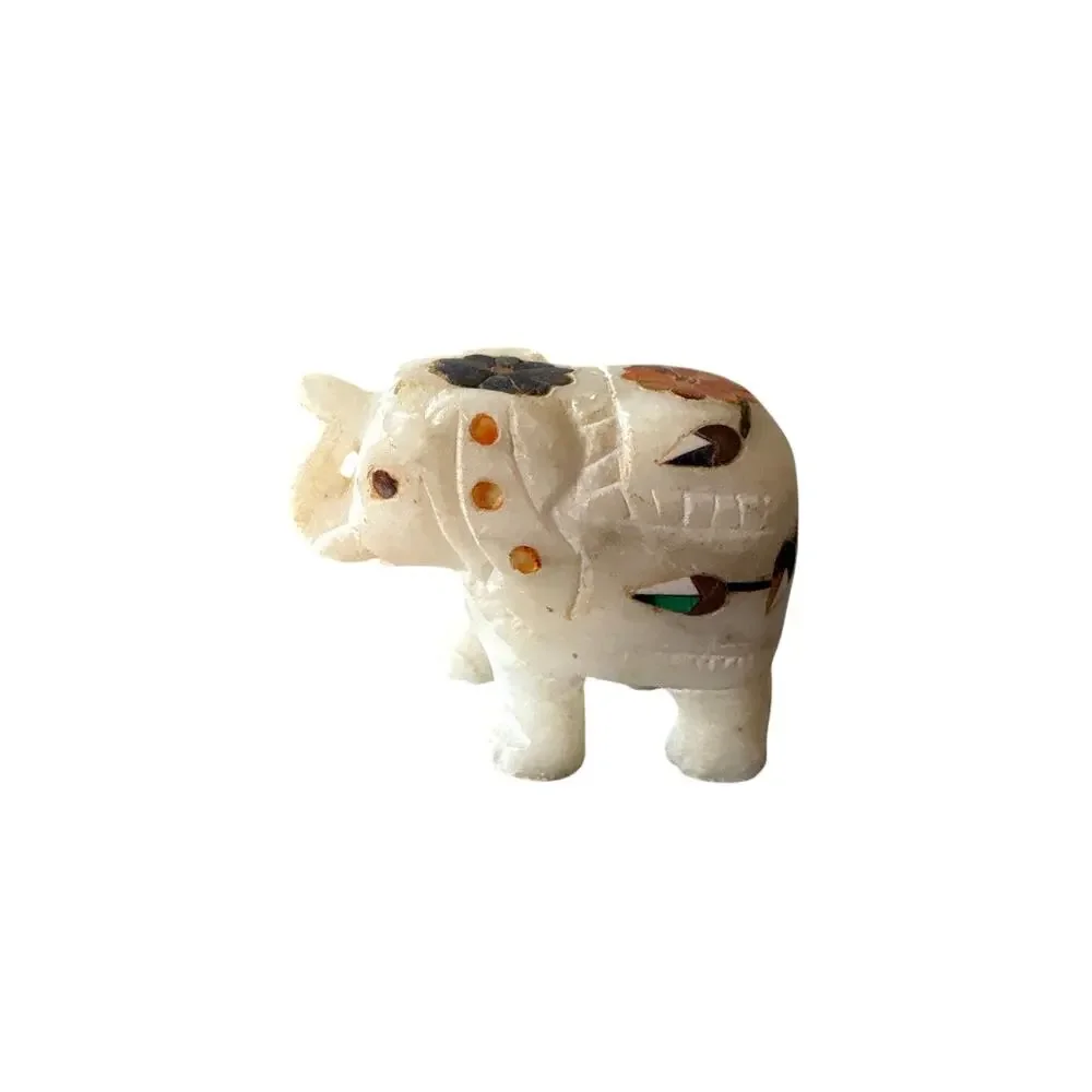 Hand Carved Stone Lucky Elephant Figurine Floral Inlay Marble Alabaster 2” VTG